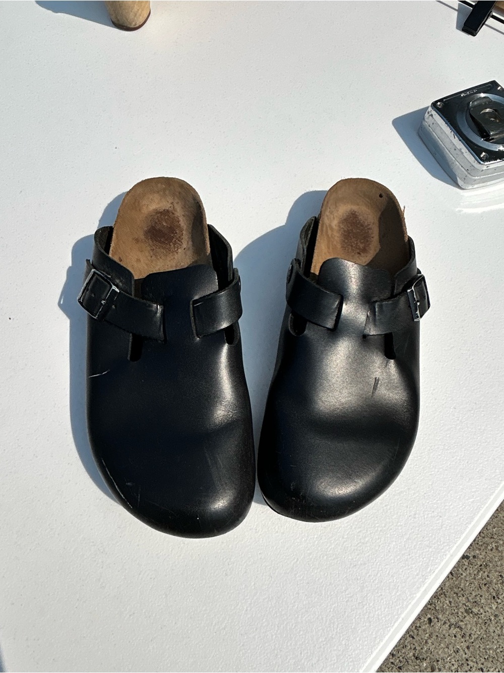 Birkenstock Boston Black Leather Slip-On Clogs with Buckle